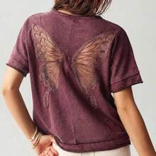 Casual Solid Color Knit Round Neck Short Sleeve Loose Butterfly Cutout Back Women T-Shirt,Summer Top - Morado - Ver 1