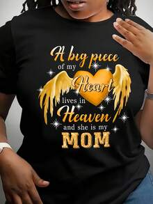 Camiseta de Talla Grande para Mujer y Hombre con Alas de Ángel y Lentejuelas Doradas, con las Frases "Mom" y "Angel Love" - Corte Holgado, Manga Corta, Cuello Redondo, con Letras Brillantes, Regalo Ideal para Cumpleaños/Día de la Madre - Adecuada para Usar (con Detalles Dorados), TALLA GRANDE - Negro - Ver 1
