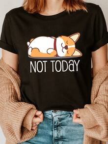 Camiseta de Tela Suave para Mujer con Estampado de Perro Corgi - Camiseta casual de manga corta y cuello redondo, suave y transpirable, con diseño de perro de dibujos animados, lavable a máquina, de color negro, exclusiva para amantes de los perros, adecuada para primavera y verano, camiseta con temática de mascotas, corte holgado, diseño divertido, fácil de cuidar, la opción preferida para dueños de mascotas, camiseta de moda. - Negro - Ver 7