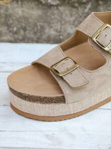 Giày sandal nữ điều chỉnh được kiểu đan rơm, quai đôi có khóa cài phía sau, hở mũi, đế dày, giày casual mùa hè, sandal đế dày, kiểu dáng đi nghỉ mát. - Màu kaki nhung - Xem 6