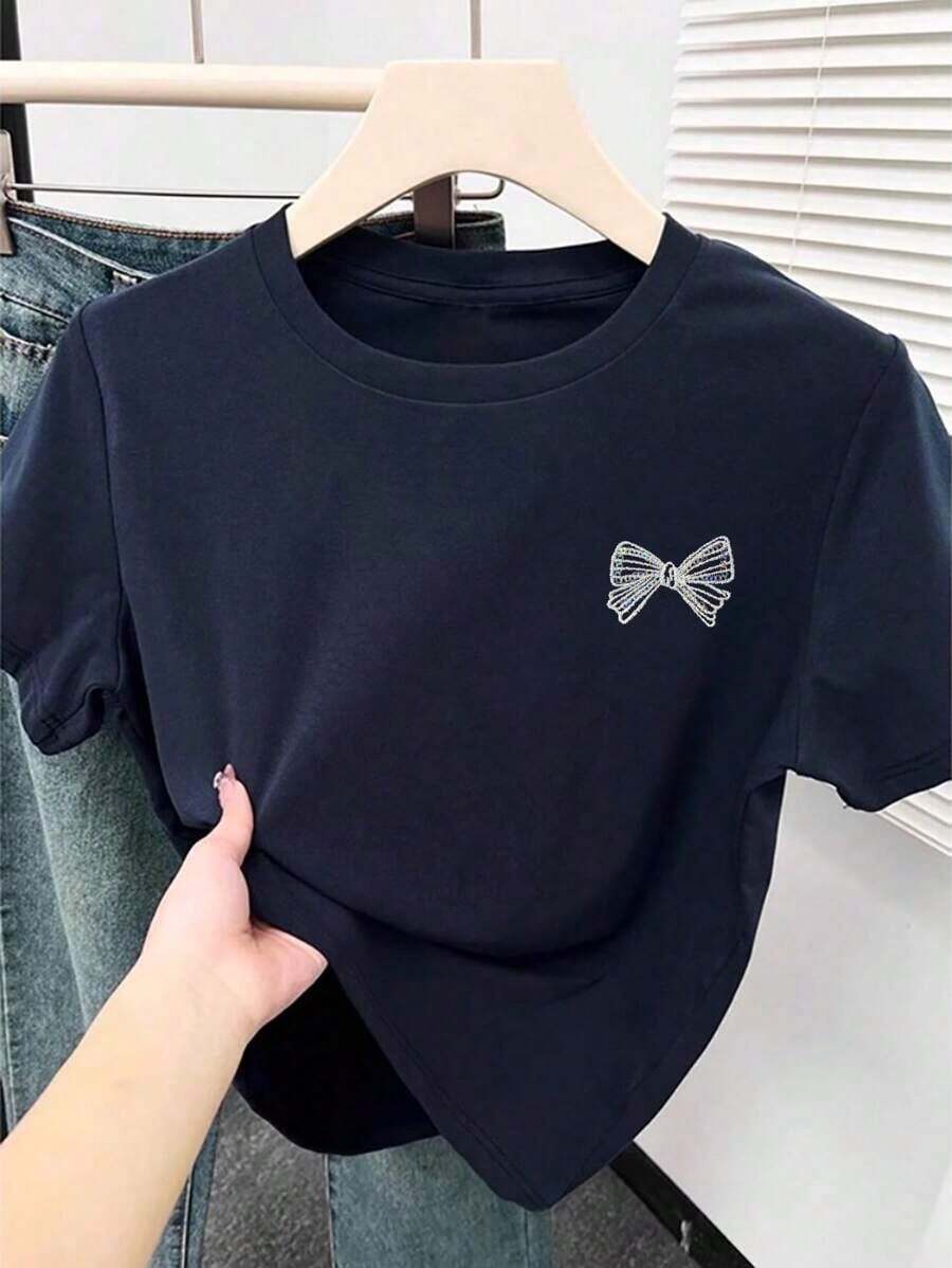 Women's Casual Short Sleeve T-Shirt With Round Neck And Bow Print, Summer - Black - View 1