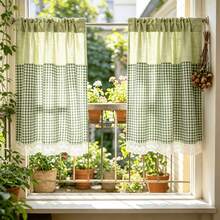 1 buah Tirai Kecil Motif Kotak-kotak Hijau Gaya Rumah Pertanian Korea, Cocok untuk Dapur, Tirai Dapur Apartemen, Tirai Berumbai Dapur, Dapat Dicuci dengan Mesin dan Mudah Dipasang - Desain Kantong Batang - Hijau - View 2