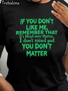 100% Bold Statement Crew Neck T-Shirt, Women's Plus Size T-Shirt, "Mind Over Matter" Graphic Tee With Green Text On Black Background, Short Sleeve T-Shirt, Fashionable Casual Top, Women's Clothing For Summer And Spring, Ideal For Mother's Day/Anniversary/June 10th. - 黑色 - 查看 6