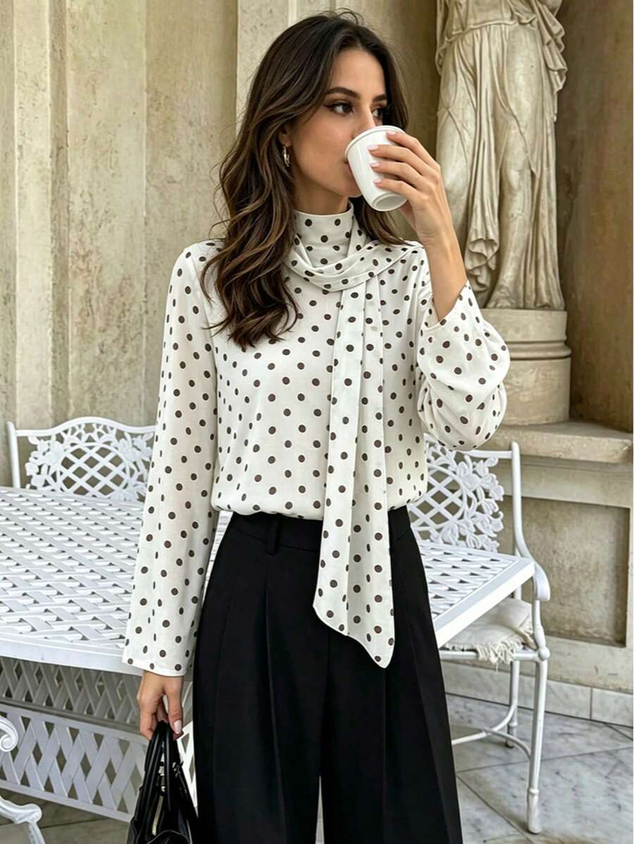 1pc Apricot Stand Collar Polka Dot Print Bow Tie Long Sleeve Women's Fashion Solid Color Polyester Chiffon Fabric Ruffle Long Sleeve Suitable For Commuting Elegant Casual Vacation Date Spring Summer Women's Blouse - Apricot - View 1