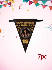 Bandeirola de aniversário personalizada com foto e texto, bandeirinha triangular personalizada com nome e idade, decoração para festa de aniversário de 18/21/30 anos, bandeirinha triangular preta com estrelas brilhantes, decoração para festa de aniversário. - Multicolorido - Ver 22