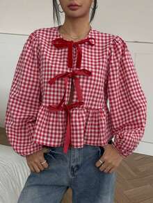 Blusa de cuello redondo de estilo vaquero, hippie y vintage para mujer, nueva llegada del verano 2025 - Rojo y blanco - Ver 1