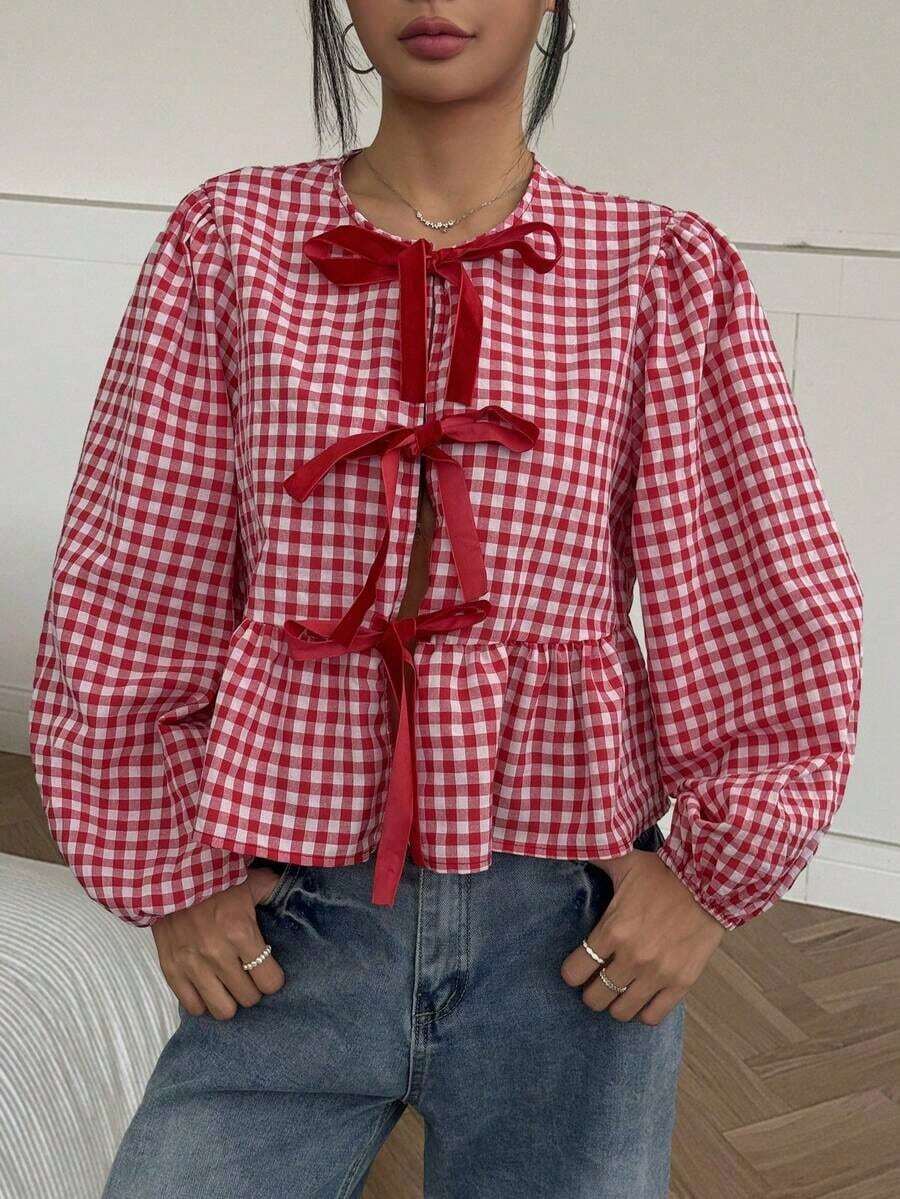 Blusa de cuello redondo de estilo vaquero, hippie y vintage para mujer, nueva llegada del verano 2025 - Rojo y blanco - Ver 1