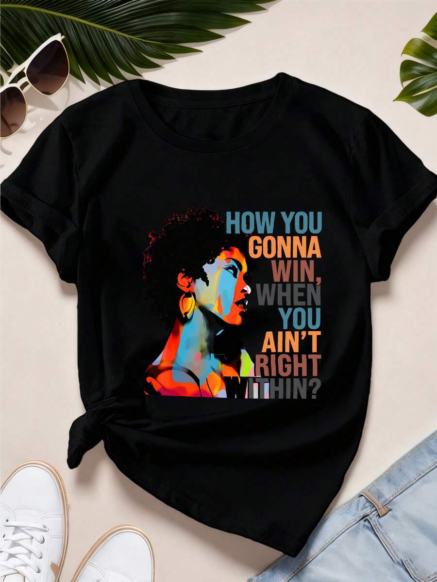 Dam T-shirt med rund hals och korta ärmar, 1 st, svart, med trycket "How to Win When You're Not Right Inside". Lämplig för vardagsbruk, pendling, utomhusaktiviteter, vänners sammankomster, avkoppling hemma, campus-evenemang, semesterkläder, nyårsfamiljemiddag, nyårsfest. Lokal leverans. Festivalkläder dam, t-shirt, sommarkläder, festkläder, vardagskläder, perfekt för festivaller och familjesemester. - Svart - Visa 1