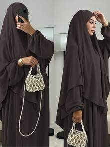 3件組 Khimar+Abaya 柔軟穆斯林祈禱服裝，長款 Abaya 配搭同色系頭巾，休閒外出必備時尚單品 (頭巾+洋裝+腰帶) 祈禱吉爾巴布 - 彩色 - 查看 37