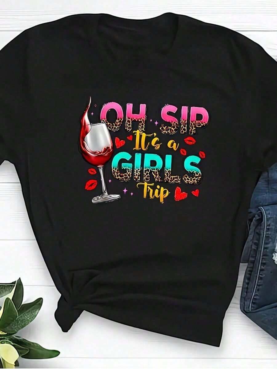 100% bomull Dam T-shirt "Oh Sip It's A Girl's Trip" med korta ärmar och rund hals, ledig passform, bomulls-t-shirt för grupputflukter, sommaroutfit dam. - Svart - Visa 1