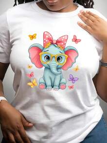 Camiseta clásica con estampado de elefante de dibujos animados, camiseta de cuello redondo estampada, top versátil para el día a día, camiseta casual de manga corta para mujer, nuevo estilo, diseño moderno, éxito de . - Blanco - Ver 3