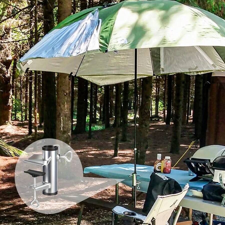 1pc Outdoor Umbrella Clamp, Stainless Steel Deck Umbrella Fixed Bracket, Adjustable Umbrella Deck Mount With Umbrella Hook Accessory Mount To Picnic Table,Railing - Silver - View 1