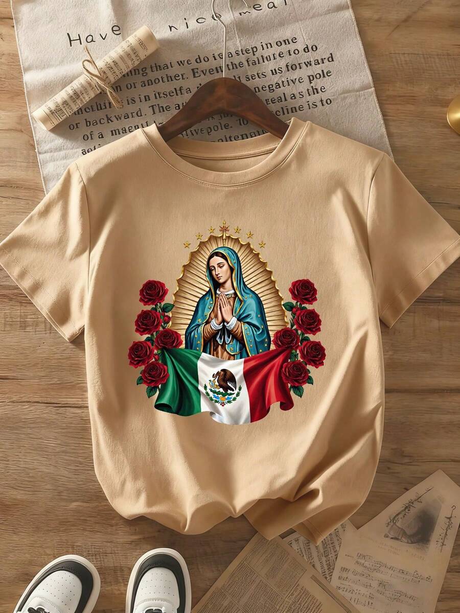 Camiseta vintage roja de cuello redondo - 100% algodón, con la imagen de Nuestra Señora de Guadalupe y la bandera mexicana, estilo casual unisex, ropa cultural y religiosa, regalo ideal para entusiastas de la cultura mexicana, corte holgado para usar en verano, a la moda. - Albaricoque - Ver 1