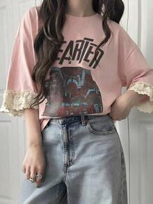 Camiseta de manga corta para mujer con ajuste holgado, estampado de letras, parches de encaje, de algodón transpirable, versátil para primavera/verano, camisetas gráficas oversize para mujer - Rosa - Ver 6