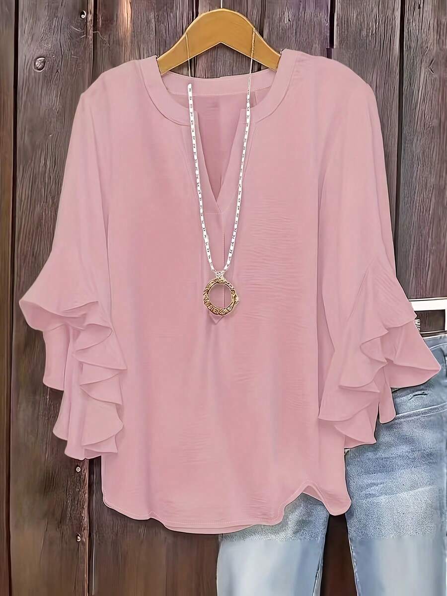 Comfortable Linen Retro Solid Color Blouse, Half-Open Collar Loose Flattering Layered Ruffle Sleeve Women Shirt Pink
