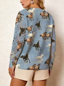 ADFHP Women's Vintage Western Style Allover Galloping Horse Print V Neck Hollow Out Long Sleeve Knit Pullover Sweater Fall Winter Casual Versatile Top - Multicolor - View 5