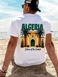 Camiseta com motivos arquitetônicos argelinos, estilo retrô, casual para o dia a dia, camiseta masculina, 100% algodão, ideal para atividades ao ar livre, viagens e férias, perfeita para o verão e para usar na praia. - Branco - Ver 1
