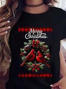 1 pieza Camiseta de algodón puro con cuello redondo y patrón festivo de cardenal, camiseta gráfica para mujeres, camisetas casuales y cómodas para uso diario, 180g, 100% algodón suave - Negro - Ver 1