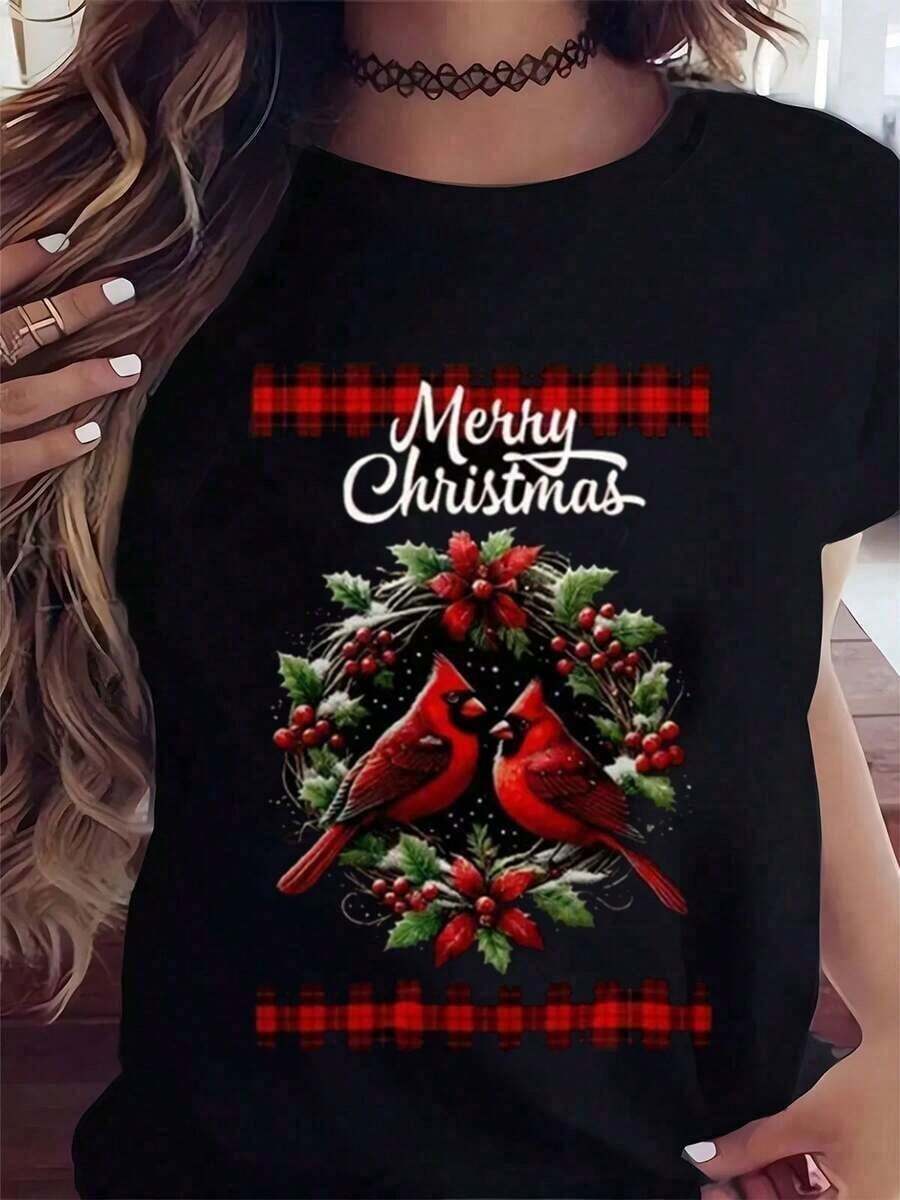 1 pieza Camiseta de algodón puro con cuello redondo y patrón festivo de cardenal, camiseta gráfica para mujeres, camisetas casuales y cómodas para uso diario, 180g, 100% algodón suave - Negro - Ver 1