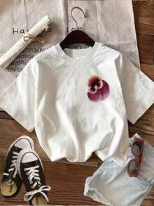 GiftPatrón impreso a doble cara [Impresión a doble cara]Camiseta casual de verano para mujer con estampado de acuarela de lavanda, cuello redondo y manga corta - Camiseta unisex de algodón holgada de estilo vintage urbano con cuello redondo y manga corta. Suave - Blanco - Ver 4