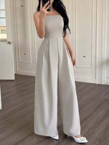 de pierna ancha holgado con pliegues plegados de unicolor para uso casual y diario de verano para mujeres - Albaricoque - Ver 5