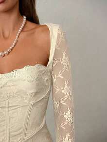 Vestido negro ajustado hasta el suelo con cuello corsé ahuecado y mangas largas con encaje en forma de S sexy para mujer para fiestas, citas y banquetes de otoño/invierno nuevo - Beis - Ver 6