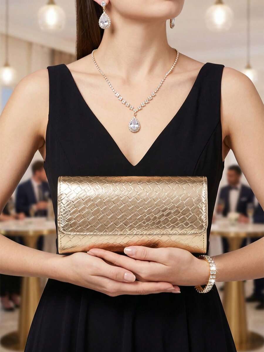 1 chiếc ví cầm tay PU dệt màu sâm panh, chất liệu mềm mại là sự kết hợp hoàn hảo giữa sự thanh lịch và thời trang, phù hợp cho đám cưới/tiệc tùng/lễ hội/tiệc chiêu đãi.
