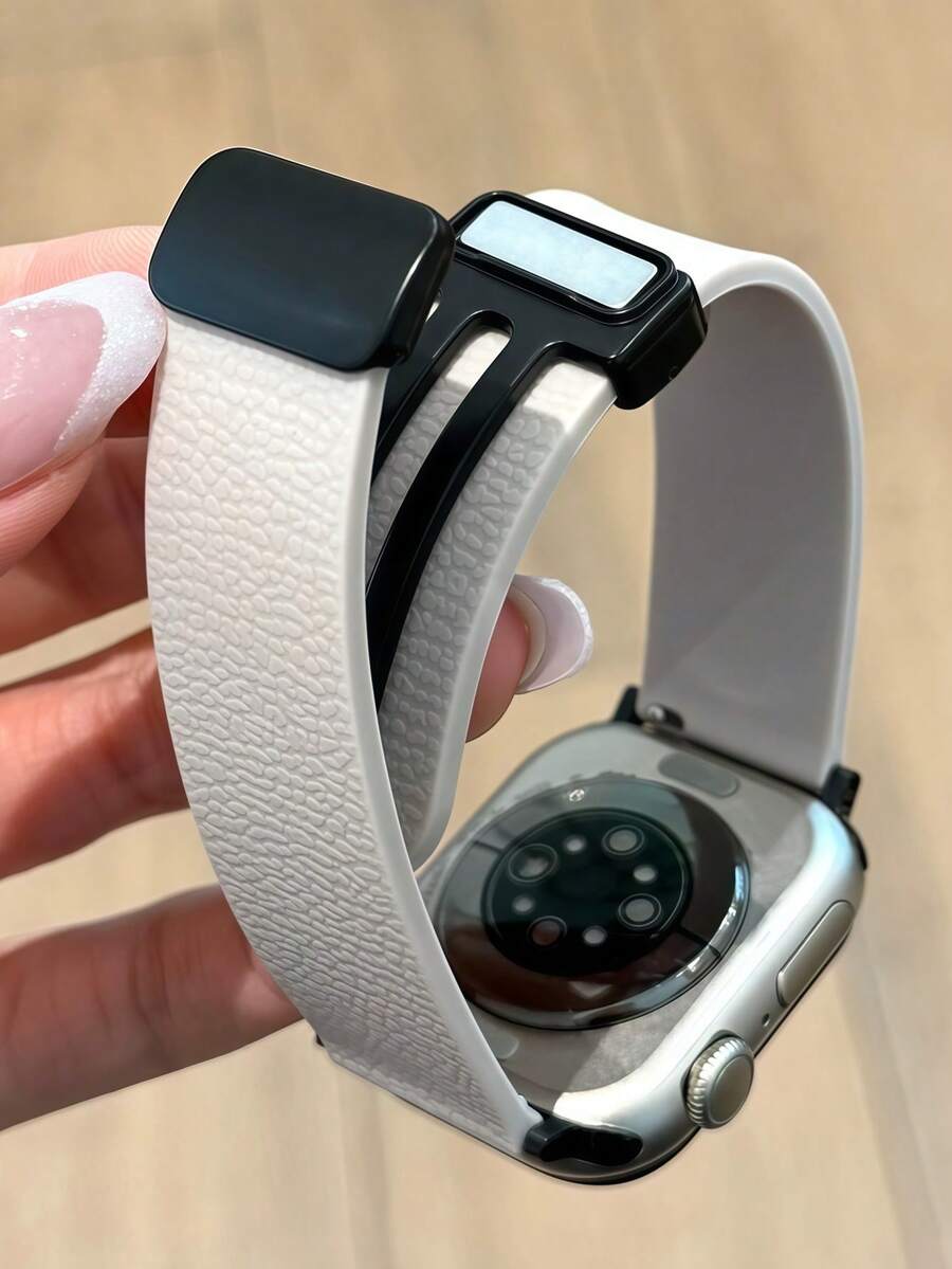 高級時尚荔枝紋磁吸TPU錶帶,適用於Apple Watch Series 42mm 46mm 49mm 41mm 45mm 42mm 40mm 44mm S11 S10 S9 S8 SE 7 6 5 4 3 2 1,男女通用純色可調節錶帶 - 米色 - 查看 1