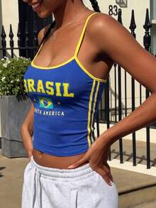 Y2K Round Neck Spaghetti Strap Camisole – Lettering Color Block Waist-Cinching | Sexy Hot Girl For Daily, Party, Festival & World Cup - Navy Blue - View 4