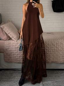 JTI Women's Sleeveless Halter Neck Asymmetrical Hem A-Line Long Dress, Black Sheer Lace, Elegant Casual Commute Date Outfit, Comfortable Fashionable Style, Suitable For Spring Summer Autumn Winter All Seasons - Coffee Brown - View 7