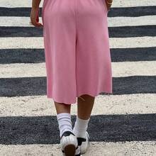 Muchic New Autumn Styles For Women Pink Knitted Wide-Leg Bermuda Shorts, Solid Color, Simple And Casual Everyday Wear, Suitable For Daily Street Wear - Rosa Pálido - Ver 3