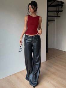 Blusa sin mangas con cuello redondo y lazo en la espalda, para uso casual y de oficina, en color negro con lunares rosas y marrones - Rojo - Ver 7