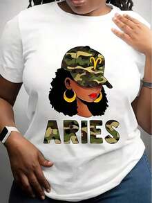 Camiseta casual de talla grande para mujer, con un estampado retro de un sombrero de camuflaje de Aries y una chica africana, adecuada para usar en primavera/verano/otoño.Es una camiseta de manga corta, cuello redondo y cómoda, ideal para el uso diario, vacaciones y actividades al aire libre. - Blanco - Ver 6
