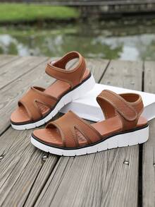 Fairy Style Summer New Casual Versatile Fashion Platform Waterproof Thick Bottom Slippers, Large Size Women's Shoes Wholesale, Open Toe Minimalist Holiday Beach Slides, Fabric Hook And Loop Design - Brown - View 8