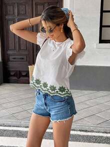 Blusa de verano casual de vacaciones con bordado floral y volantes en las mangas - Verde - Ver 1
