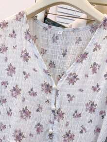 Blusa de mujer con cuello en V de gasa con estampado floral romántico, manga farol, corte holgado y silueta favorecedora, adecuada para uso casual, de calle y de oficina en vacaciones de verano - Celeste - Ver 6