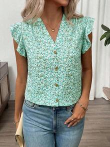 Clasi Blusa de mujer de verano con cuello en V y mangas cortas con estampado floral - verde menta - Ver 6