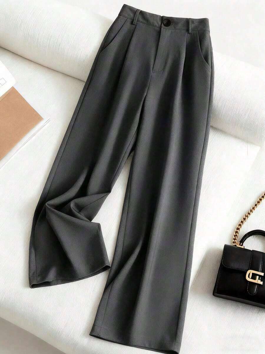 Pantalones casuales de mujer de unicolor con bolsillo oblicuo y pliegues - Gris - Ver 1