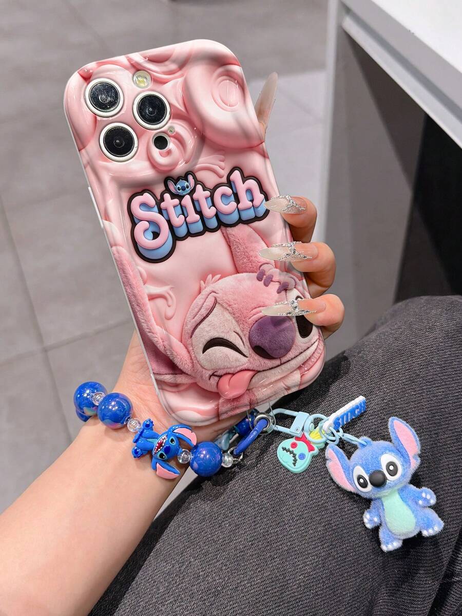 Disney Has Authorized, Phone Case - Chain Set, The Stitch Lilo & Stitch 3D Phone Case Plus A Silicone 3D Stitch Bracelet With Metallic Ring Removable Bracelet, Stitch And Angel Pattern, Compatible With Iphone17/16/15/14/13/12/11/XS/XR/X Plus Pro Max, A Stylish Cartoon Phone Case, The Perfect Gift Choice, Phone Protection, Durable Phone Cover, Great Gift For Friends And Family. - 白色 - 查看 1