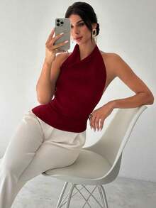 Camisa elegante de oficina para mujer, blusa asimétrica sin mangas con cuello halter y espalda descubierta, con botones decorativos ajustables, negra y entallada, para uso en la oficina.Ropa de primavera/verano, elegante y sexy. - Burdeos - Ver 6