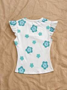 Camiseta casual de mujer con cuello redondo, mangas de volantes y estampado floral, blusas florales para mujer, blusas con mangas de volantes, para salir, blusas de manga corta lindas - Azul - Ver 2
