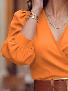 Blusa corta de mujer con cuello en V, manga de pétalo con lunares, cintura ceñida, nueva para primavera/verano - Naranja - Ver 3