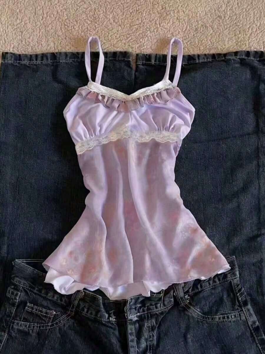 Camiseta de tirantes elegante con estampado floral y ribete de encaje para mujer en verano - Morado - Ver 1
