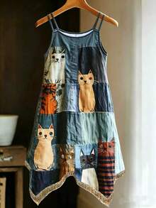 Contrast Color Patchwork Cat Print Asymmetric Hem Dress, Vacation Elegant Summer - Multicolor - View 1