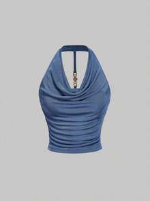 3 piezas Camiseta de mujer de unicolor con cuello drapeado de moda - Multicolor 3 - Ver 5