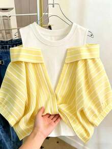 Conjunto de vacaciones para mujer con camisa a rayas de dos piezas falsa - amarillo ganso - Ver 1