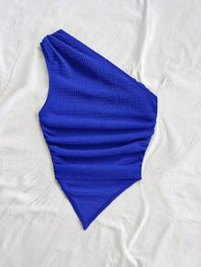Blusa asimétrica del cuello para mujer para vacaciones de verano - azul real - Ver 2