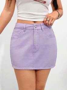 Minifalda vaquera casual de uso diario para mujer con bolsillos y botones - Morado - Ver 4