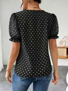 Blusa de gasa con estampado de lunares francés de moda para mujer, diseño elegante y elegante de manga corta con volantes para el verano - Negro 2 - Ver 2