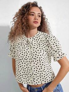 Camisa casual con cuello de volantes, mangas cortas abultadas y abotonadura, top lindo de otoño, ropa bohemia, atuendo de regreso a la escuela, para otoño, invierno, vestimenta occidental para mujer - Albaricoque - Ver 1